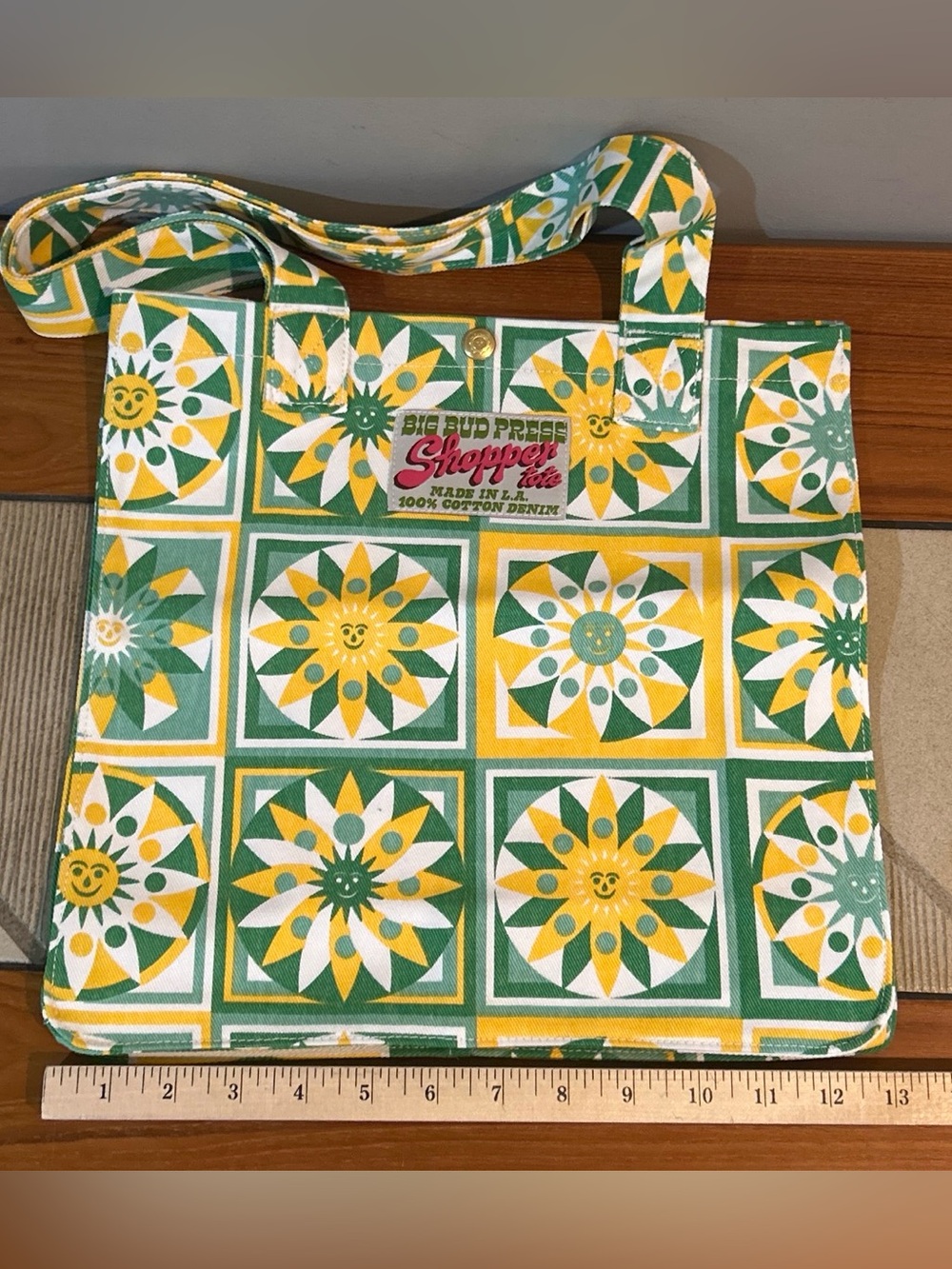Big Bud Press Green, Yellow & White Cotton Shopper Tote with Sunburst Pattern